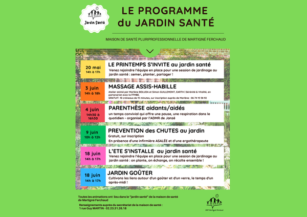 Programme des animations du JARDIN SANTÉ  de la maison de santé